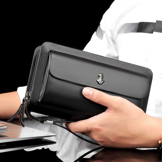 Classic Men's Leather Short Clutch Wallet - Double Zipper & Multi-Card Holder