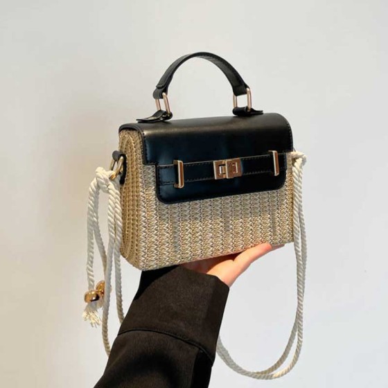 High-End Straw Texture Versatile Handbag Women 2025 Summer New Contrast Color Crossbody Bag Small Square Bag