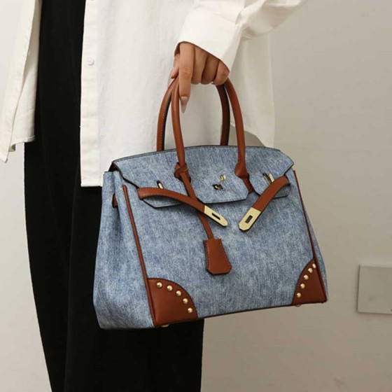 Retro Denim Contrast Color Handheld Kelly Bag Women's 2025 Light Luxury Texture Shoulder Bag Crossbody Bag