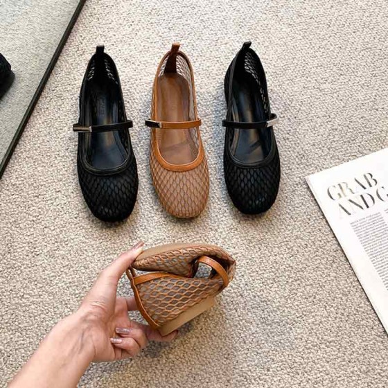 Korean Style Mesh Mary Jane Flats for Women - Summer New Soft-Soled, Hollowed Fishnet Weaving Round Toe Shoes