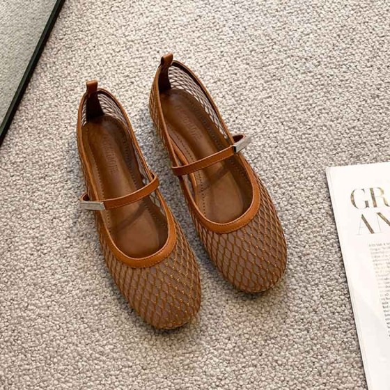 Korean Style Mesh Mary Jane Flats for Women - Summer New Soft-Soled, Hollowed Fishnet Weaving Round Toe Shoes