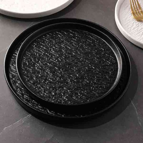 Rock Pattern Round Steak Plate - Japanese Style Black & White Ceramic Dinner Plate for Western Food, Restaurant Tableware & Home Serving