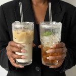 Large-Capacity Glass Cup with Straw & Vertical Stripes - 650ml Iced Coffee & Matcha Tumbler for Women, Office & Home Use - BPA-Free Cold Drinkware
