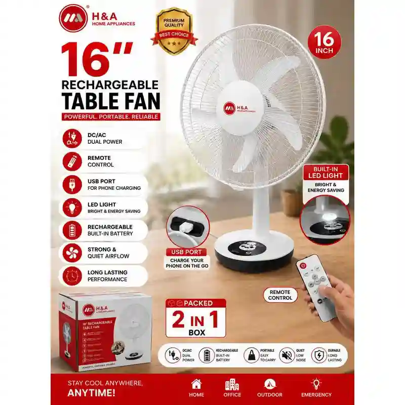 H&A 16" Rechargeable Table Fan H&A-215-16 (Pack of 2)