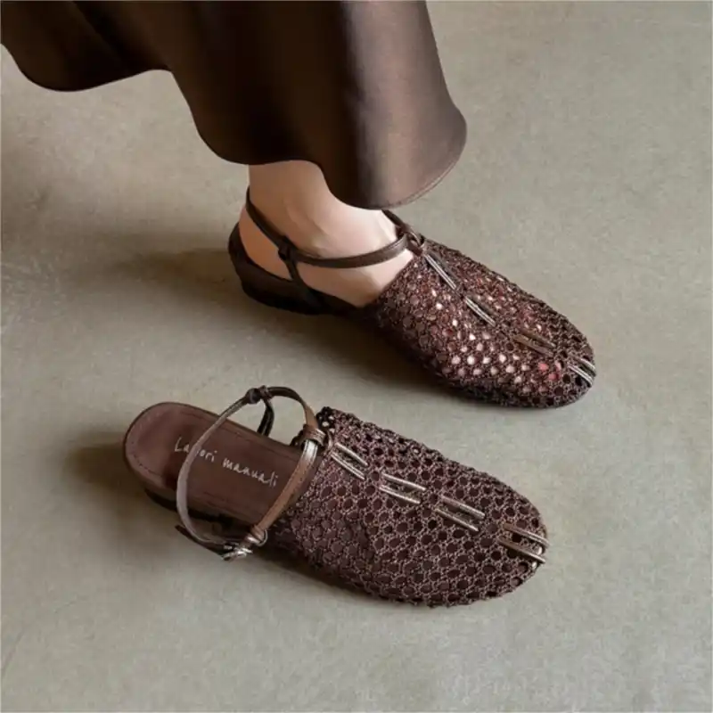 Women's Woven Hollow-Out Slingback Sandals – Low Chunky Heel